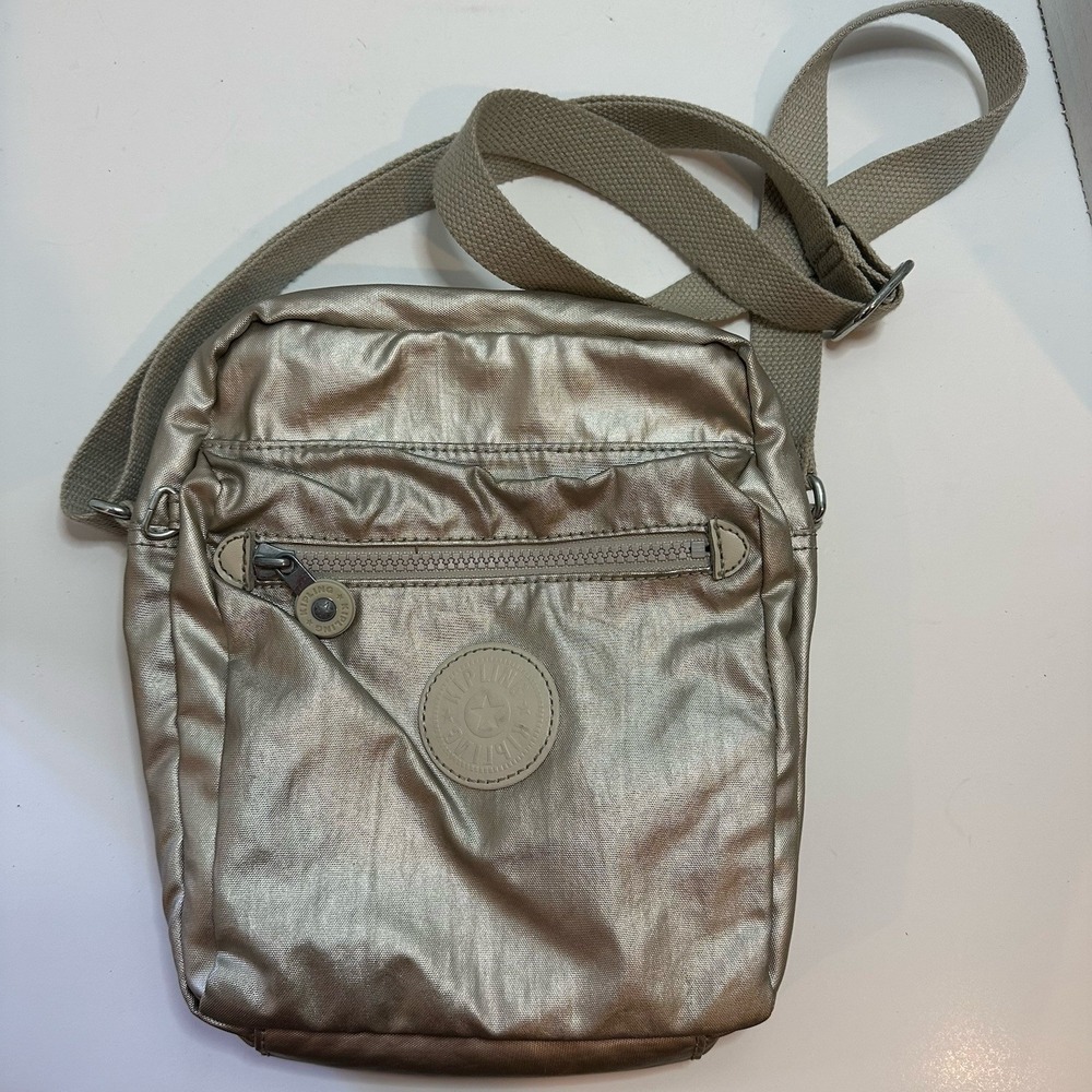 Kipling Alvar  Nylon Silver Shimmer Multi Pocket‎ Organizer Crossbody Bag Purse
